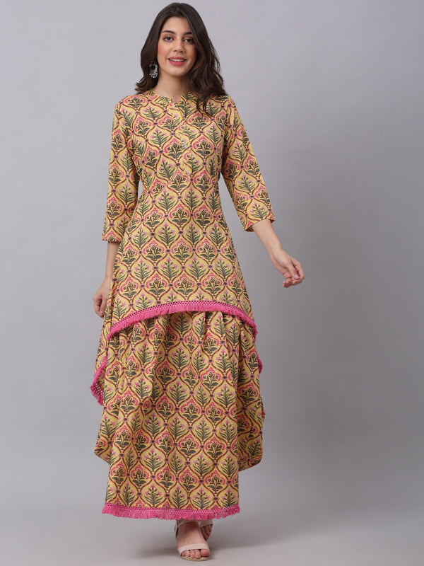 Kalini Women Yellow & Green Ethnic Motifs Printed Pure Cotton Kurta with Skirt - Distacart