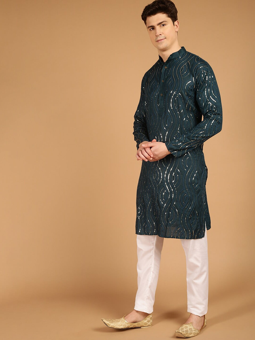Sojanya Ethnic Motif Embroidered Band Collar Sequinned Pure Cotton Kurta - Distacart