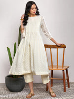 Thumbnail for Sangria Women Off-White Printed Kurta with Crop Trousers - Distacart