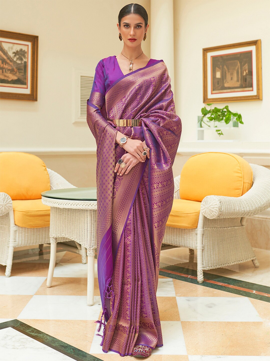 Mitera Purple & Golden Woven Design Zari Silk Blend Kanjeevaram Saree - Distacart