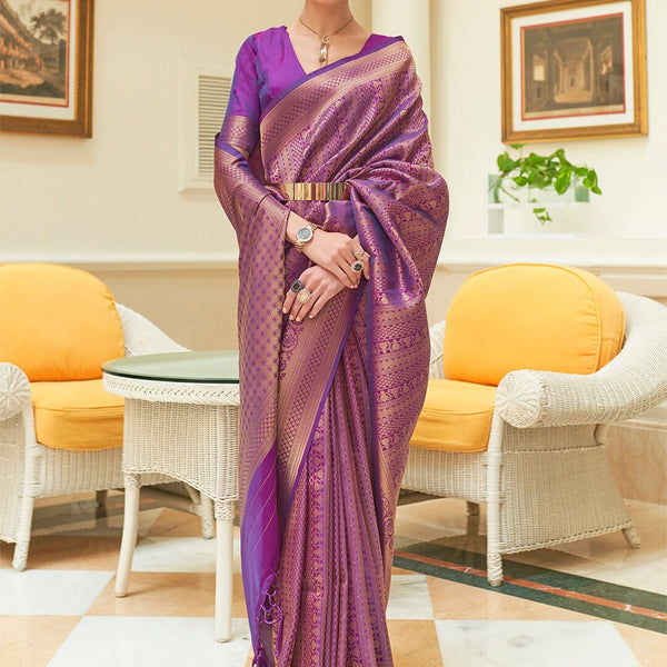 Mitera Purple & Golden Woven Design Zari Silk Blend Kanjeevaram Saree - Distacart