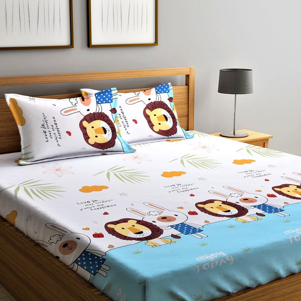 Home Sizzler White & Blue Printed 210 TC Double Bedsheet With 2 Pillow Covers - Distacart