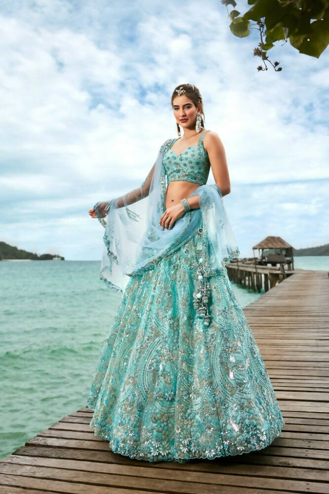House of Panchhi Turquoise Blue Net Sequins And Zarkan Embroidery Lehenga Choli & Dupatta - Distacart