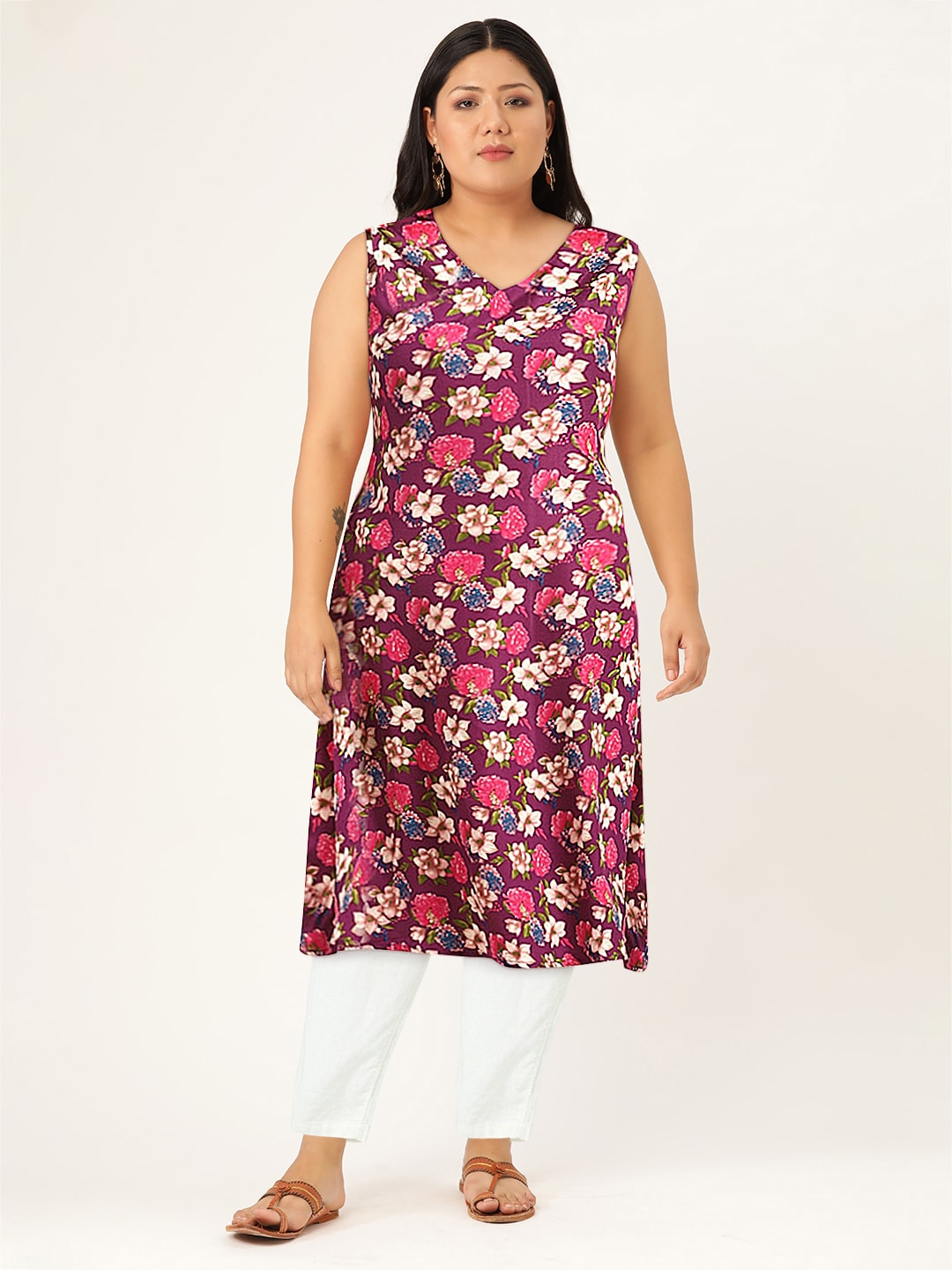Sangria Women Floral Printed A-Line Sleeveless Kurta - Distacart