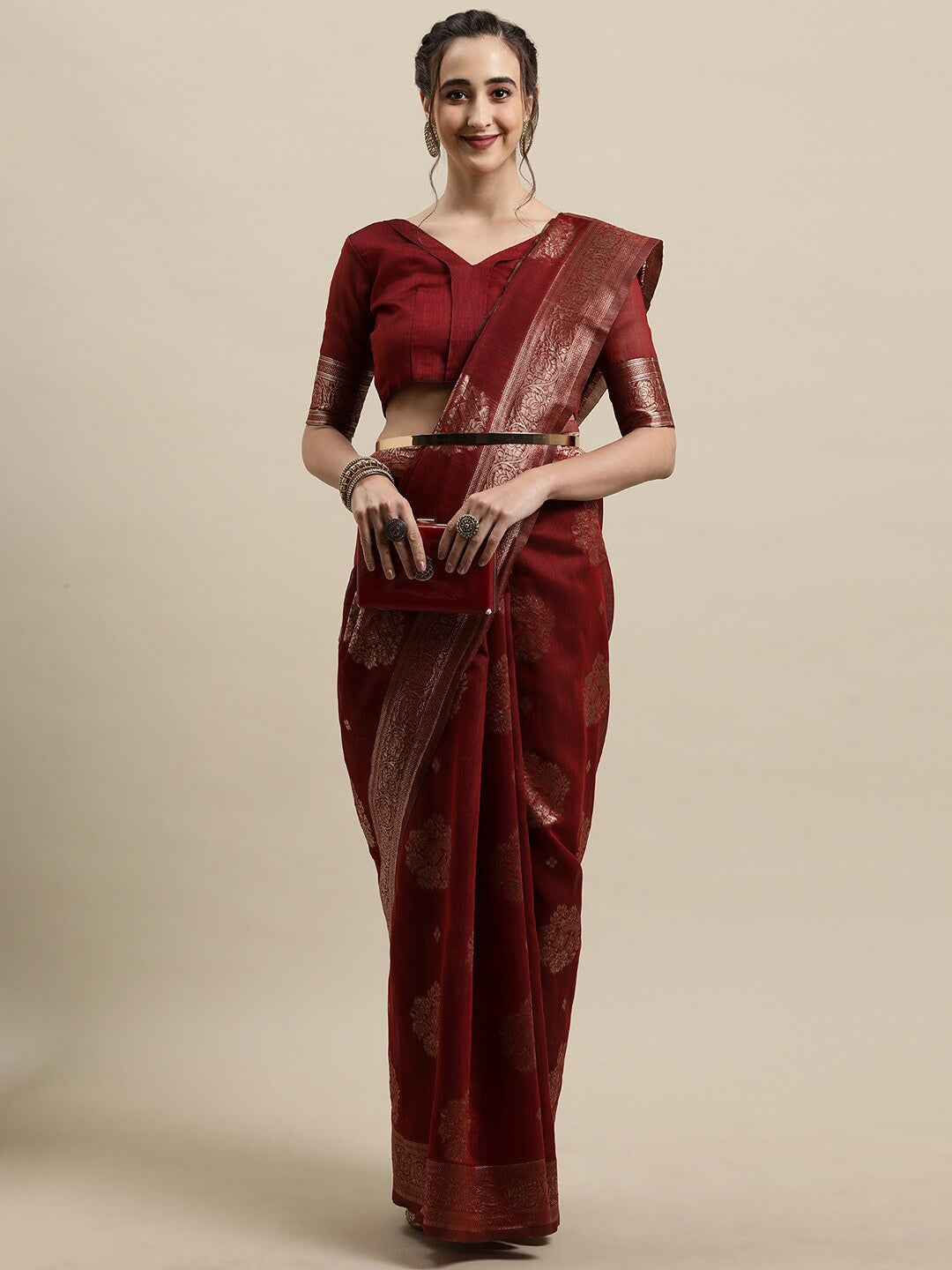 Saree Mall Maroon & Gold-Toned Ethnic Motifs Zari Silk Blend Banarasi Sarees - Distacart