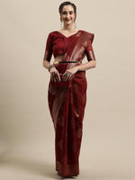 Thumbnail for Saree Mall Maroon & Gold-Toned Ethnic Motifs Zari Silk Blend Banarasi Sarees - Distacart
