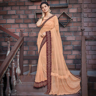 Peach Colored Net Embroidered Saree With Blouse - Norita Royal Adveka - Distacart
