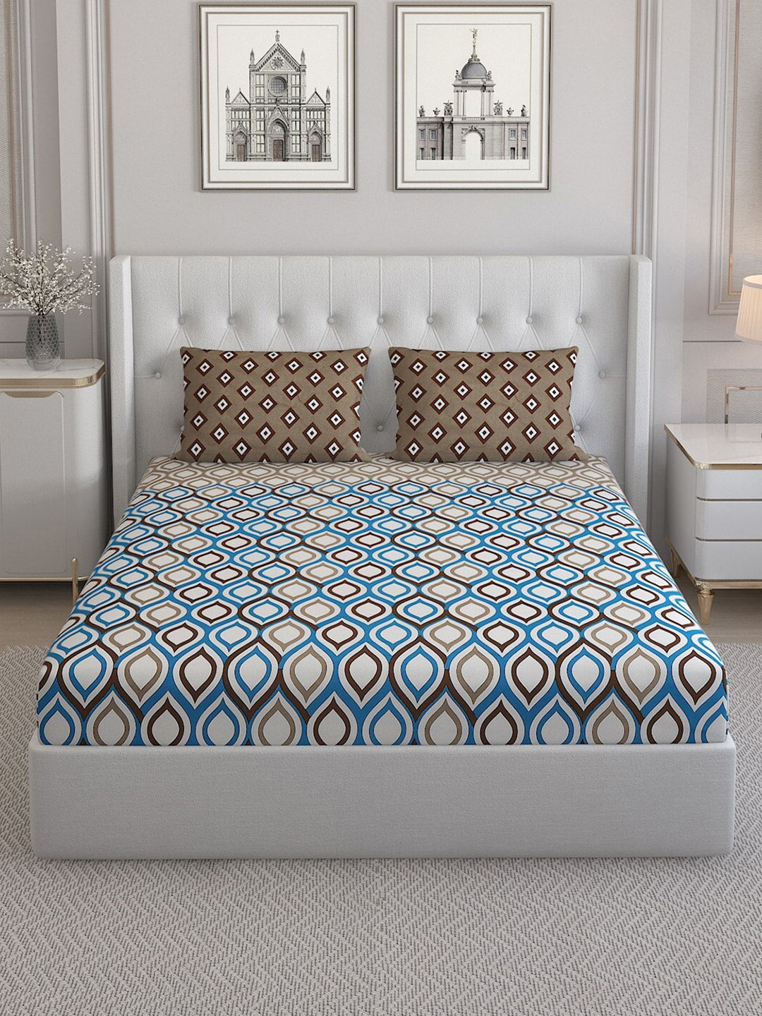 Monte Carlo Sailsbury White Printed Cotton 152 TC King Bedsheet With 2 Pillow Covers - Distacart