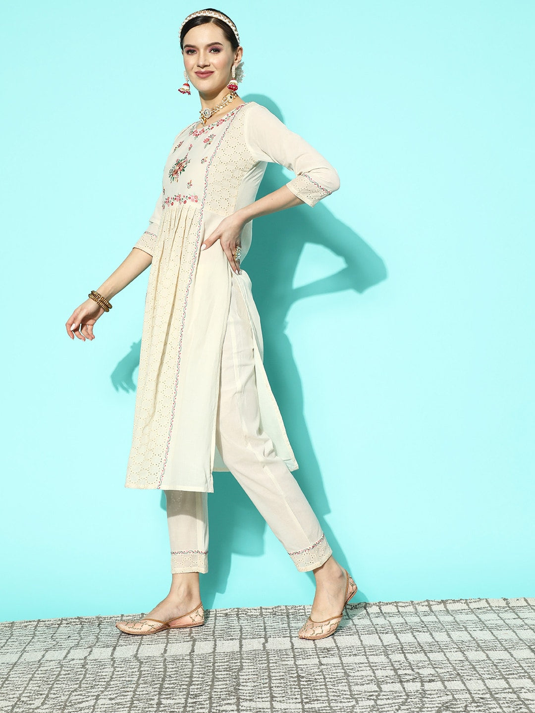 Sangria Women Floral Embroidered Sequinned Pure Cotton Kurta with Trousers & With Dupatta - Distacart