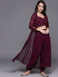 Thumbnail for Libas Women Maroon Embroidered Regular Sequinned Top with Salwar And Shrug - Distacart
