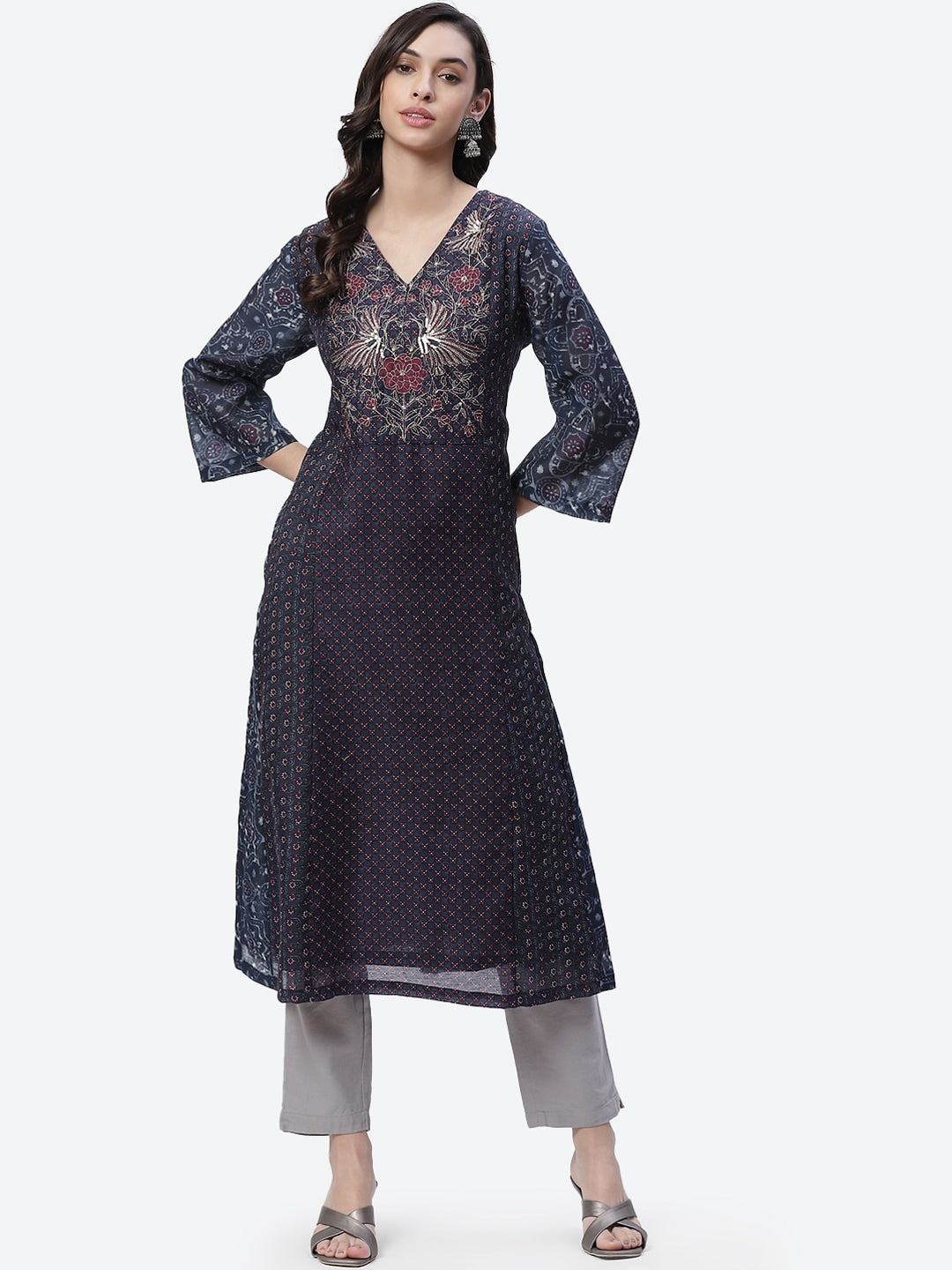 Biba Women Navy Blue Ethnic Motifs Printed Indigo Kurta - Distacart