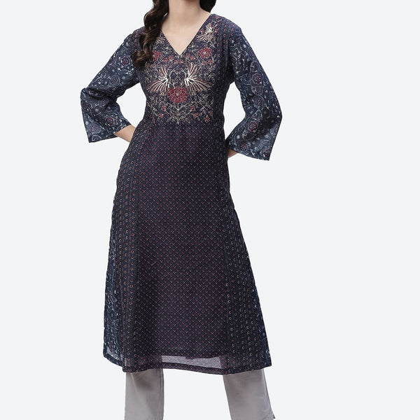 Biba Women Navy Blue Ethnic Motifs Printed Indigo Kurta - Distacart