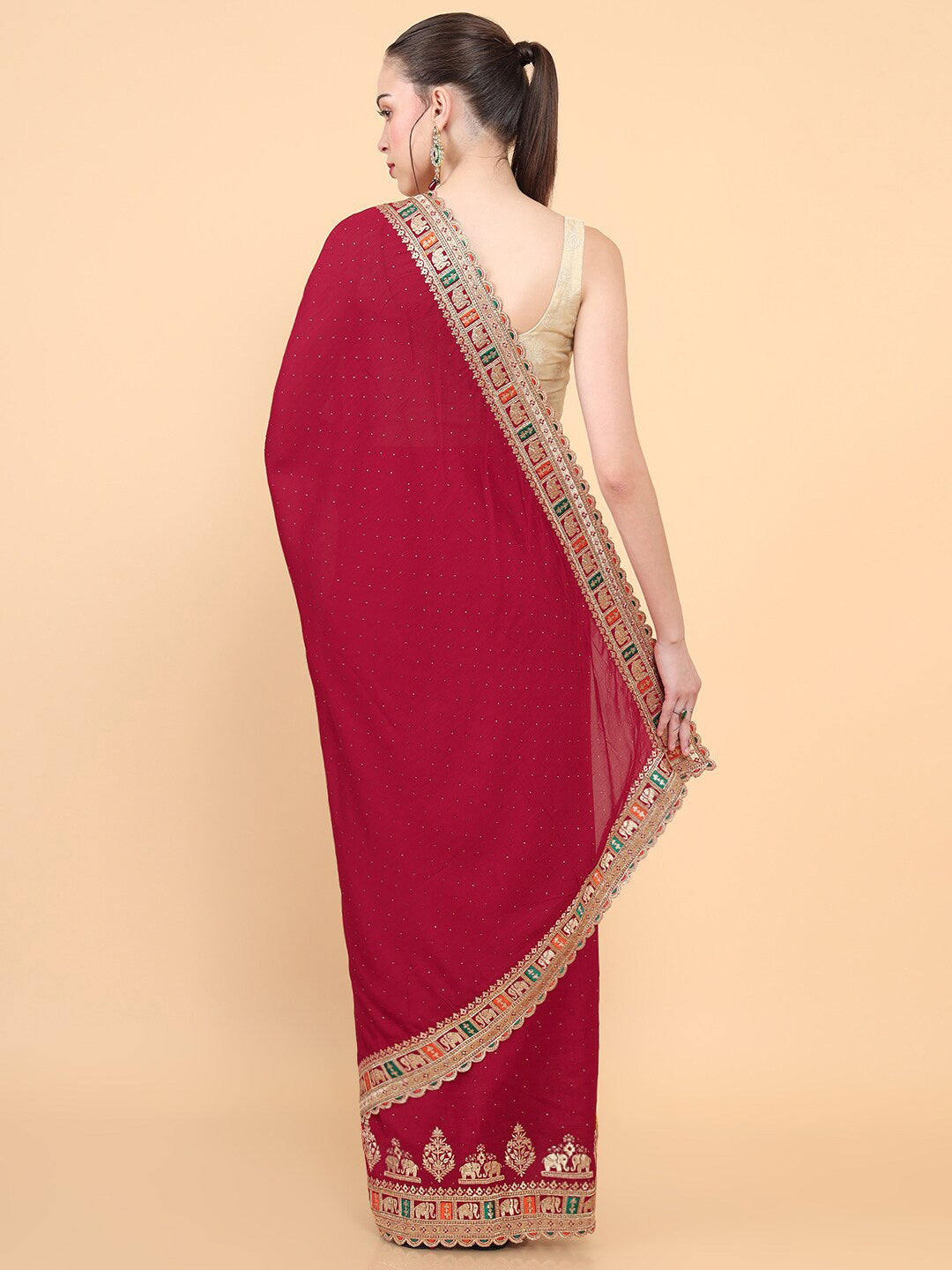 Soch Red & Gold-Toned Embroidered Silk Blend Tussar Saree - Distacart