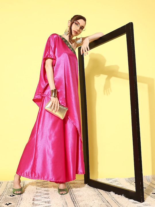 InWeave Women's Pink Green Brocade Satin Oneshoulder Kurta Set - Distacart