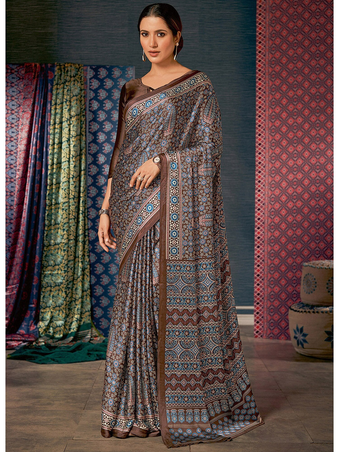 Saree Mall Brown & Blue Ethnic Motifs Printed Pure Crepe Block Print Saree - Distacart