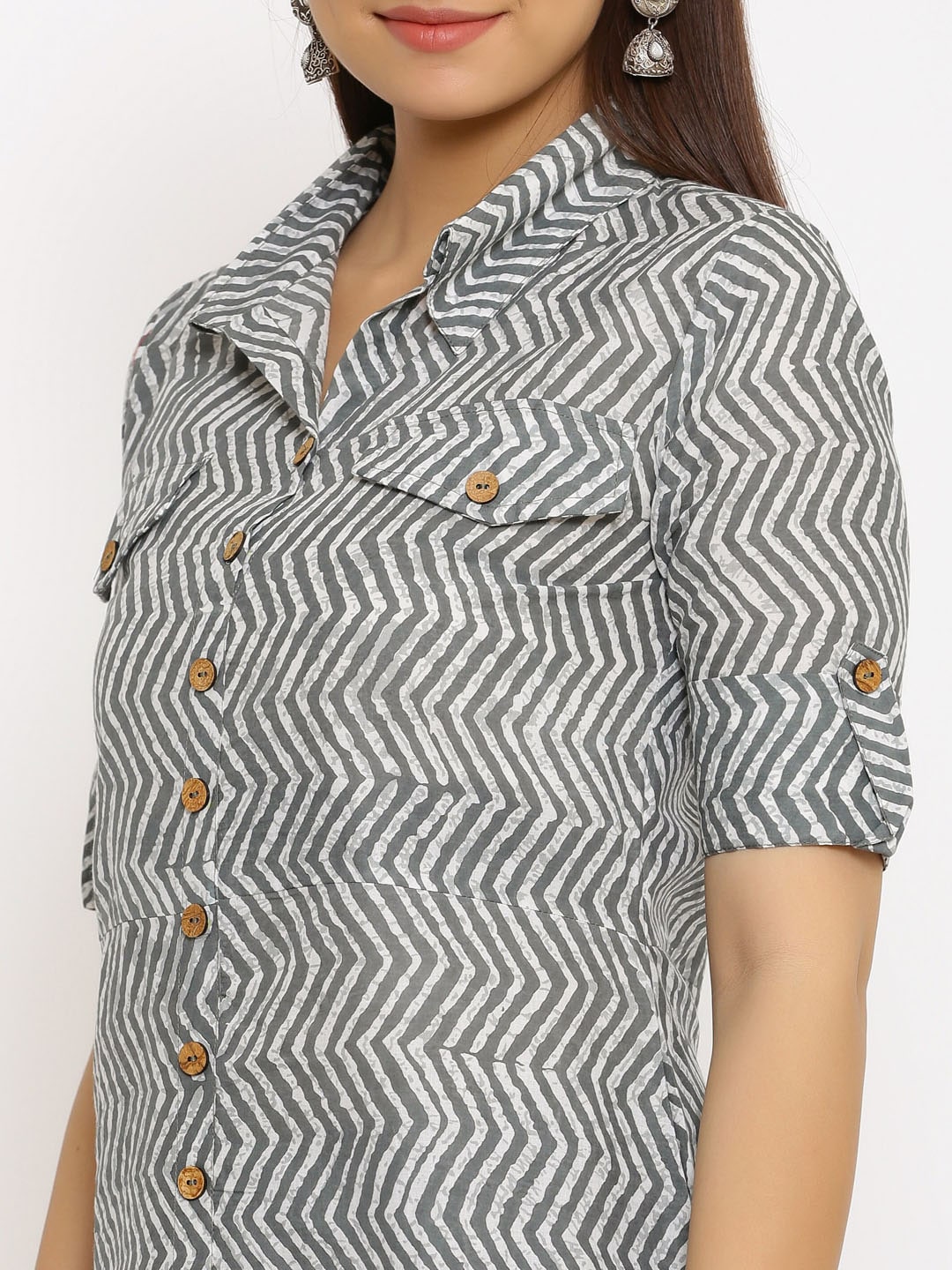 HERE&NOW Grey Shirt Collar Chevron Printed Roll Up Sleeves A-Line Kurta - Distacart