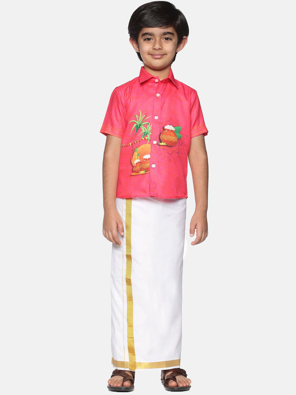 Sethukrishna Boys Pink & White Printed Shirt With Pure Cotton Dhoti Pants - Distacart