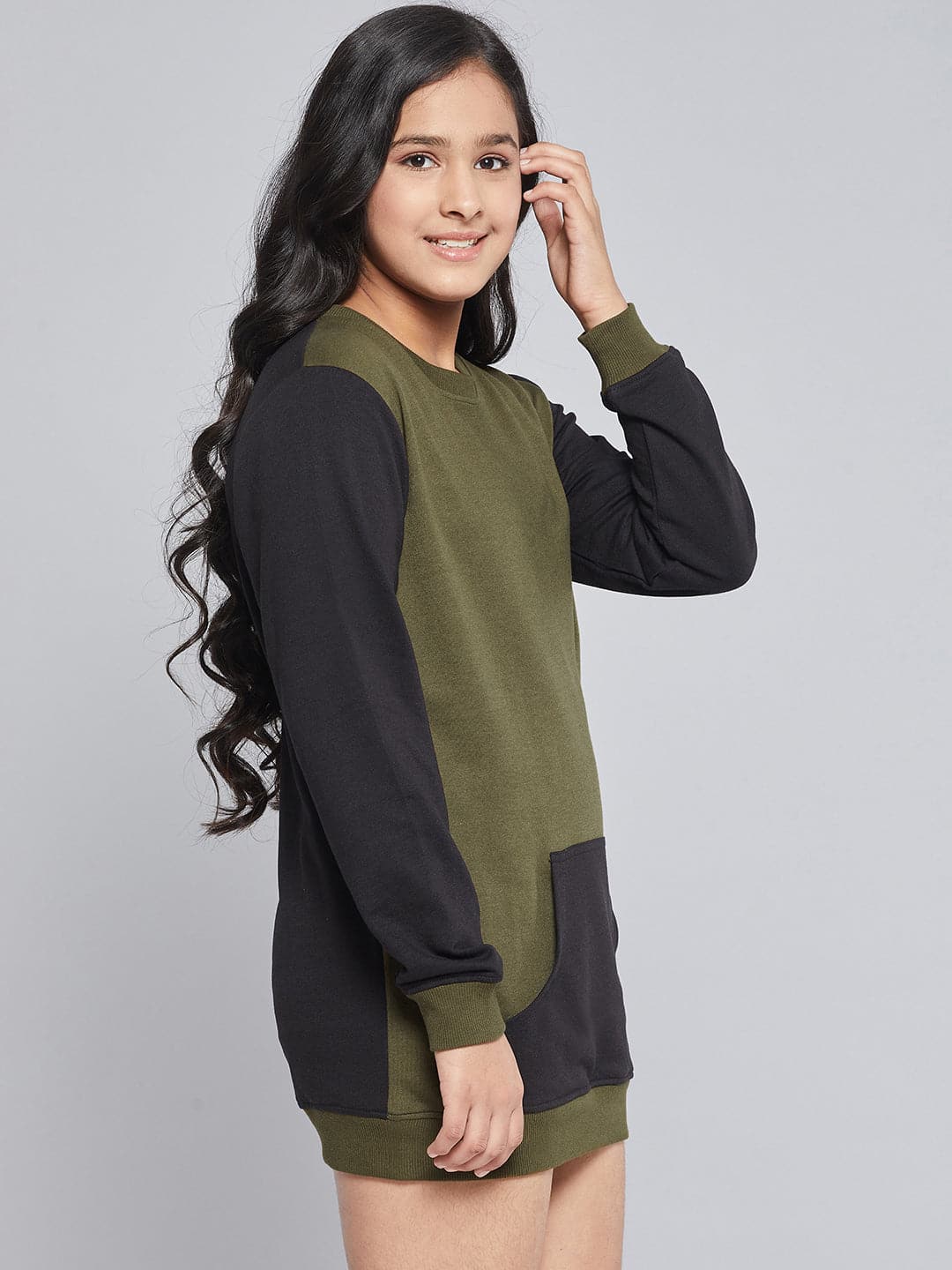 Lyush Olive & Black ColorBlock Terry Sweat Dress For Girls - Distacart