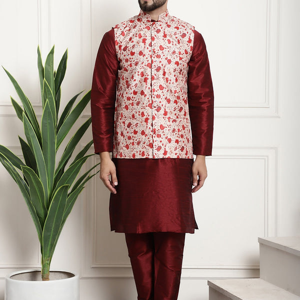 Sojanya Men Maroon & Beige Self Design Kurta with Churidar & Nehru Jacket - Distacart