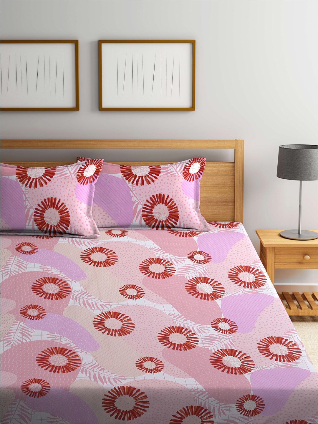 BOMBAY DYEING Serenita Pink Printed Cotton 144 TC Queen Bedsheet with 2 Pillow Covers - Distacart