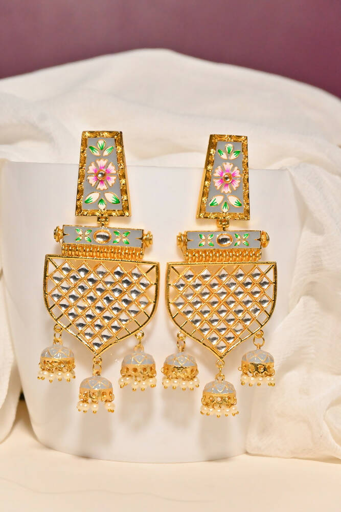Traditional Gold-Plated Meenakari Grey Jhumka Jhumki Earrings By House of Ree - Distacart