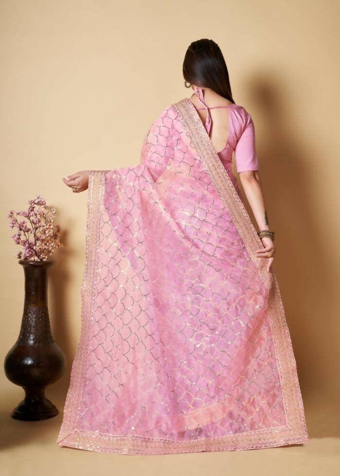 Vamsee Pink Organza Saree - Distacart