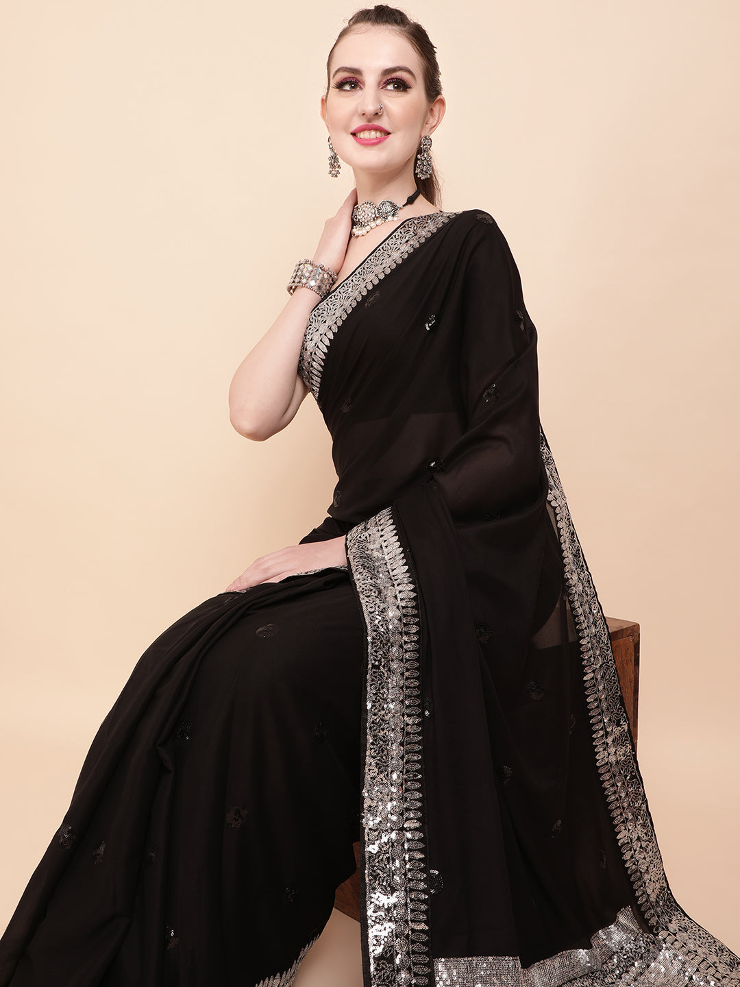 Sangria Black & Silver-Toned Embellished Sequinned Pure Georgette Saree - Distacart
