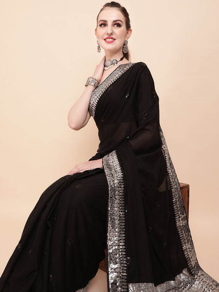 Sangria Black & Silver-Toned Embellished Sequinned Pure Georgette Saree - Distacart