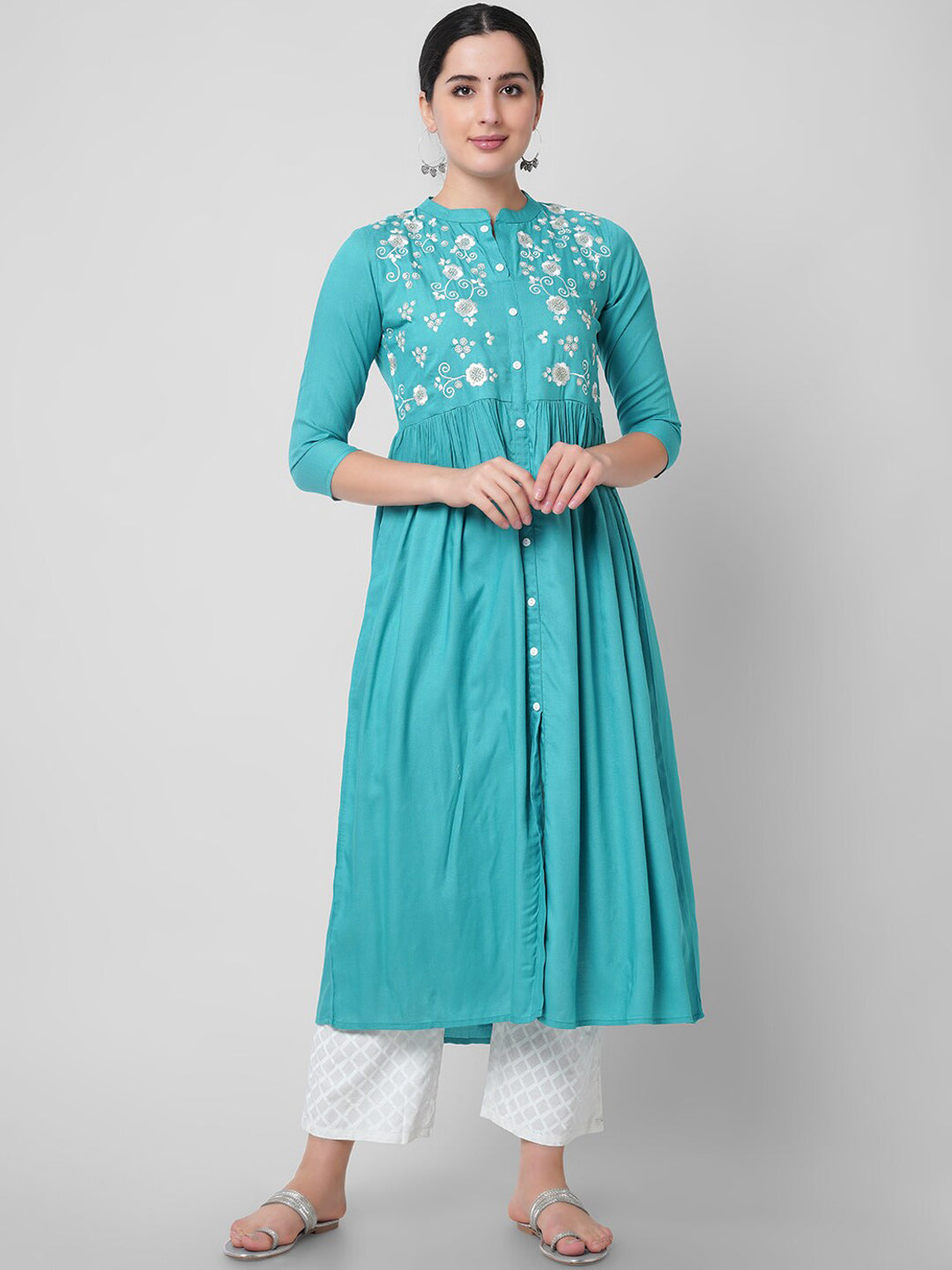 Kalini Women Sea Green Printed Flared Sleeves Thread Work Handloom Kurta - Distacart