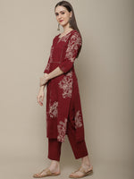 Thumbnail for Sangria Women Maroon Floral Printed Pure Cotton Straight Kurta with Trousers - Distacart