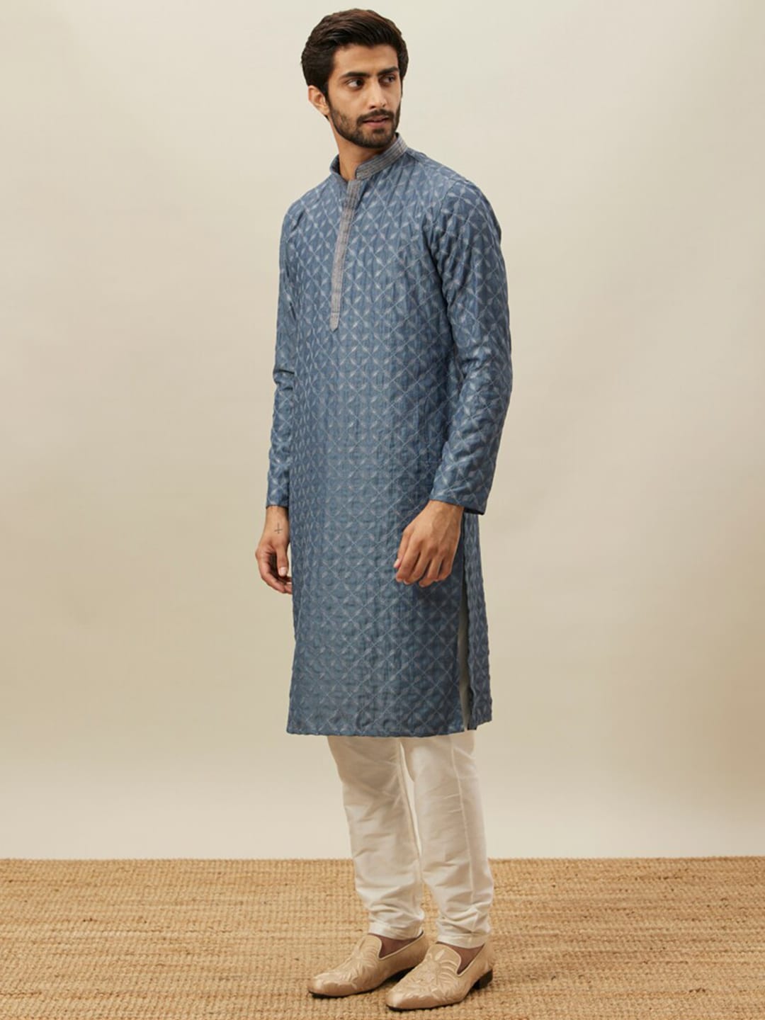 Manyavar Ethnic Motif Embroidered Mandarin Collar Kurta With Pyjamas - Distacart