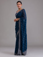 Thumbnail for Koskii Blue & Silver-Toned Embellished Beads and Stones Heavy Work Saree - Distacart