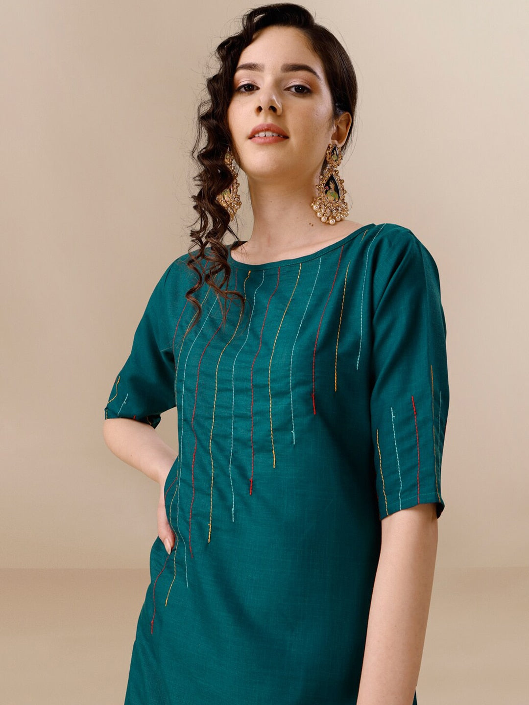 Kalini Yoke Design Thread Work Pure Cotton Kurta With Trousers & Dupatta - Distacart