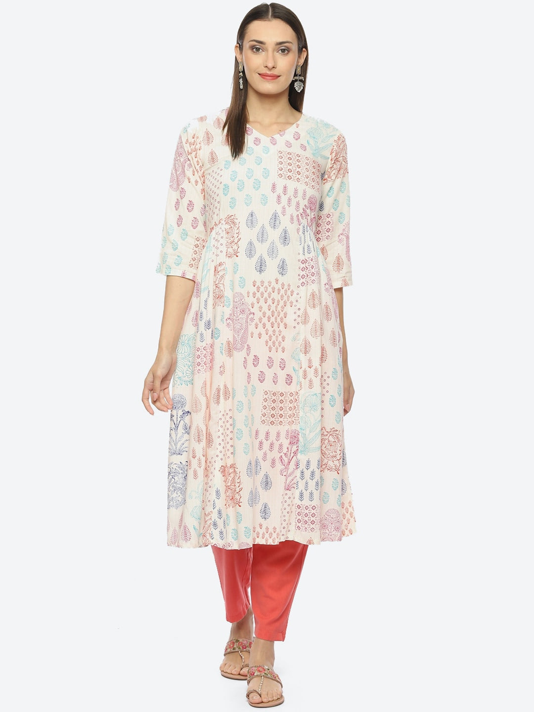 Biba Ethnic Motifs Printed V-Neck A-Line Kurta - Distacart