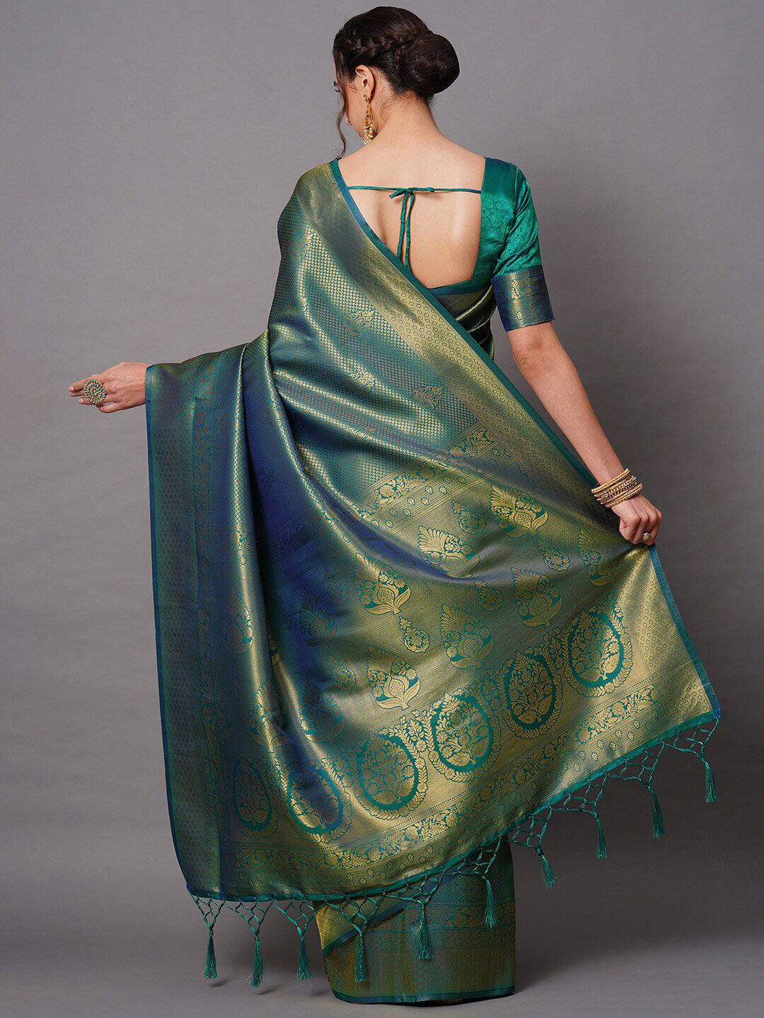 Mitera Teal & Gold-Toned Woven Design Zari Silk Blend Banarasi Saree - Distacart