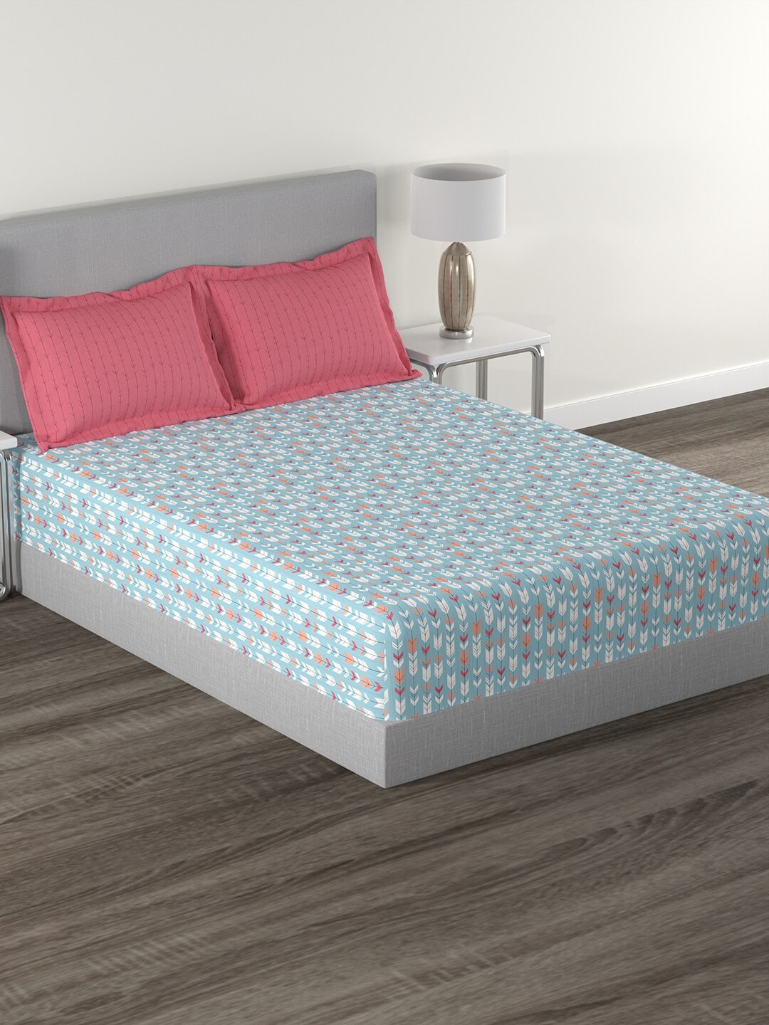 MYTRIDENT Blue White Geometric Cotton 144 TC Queen Bedsheet With 2 Pillow Covers - Distacart