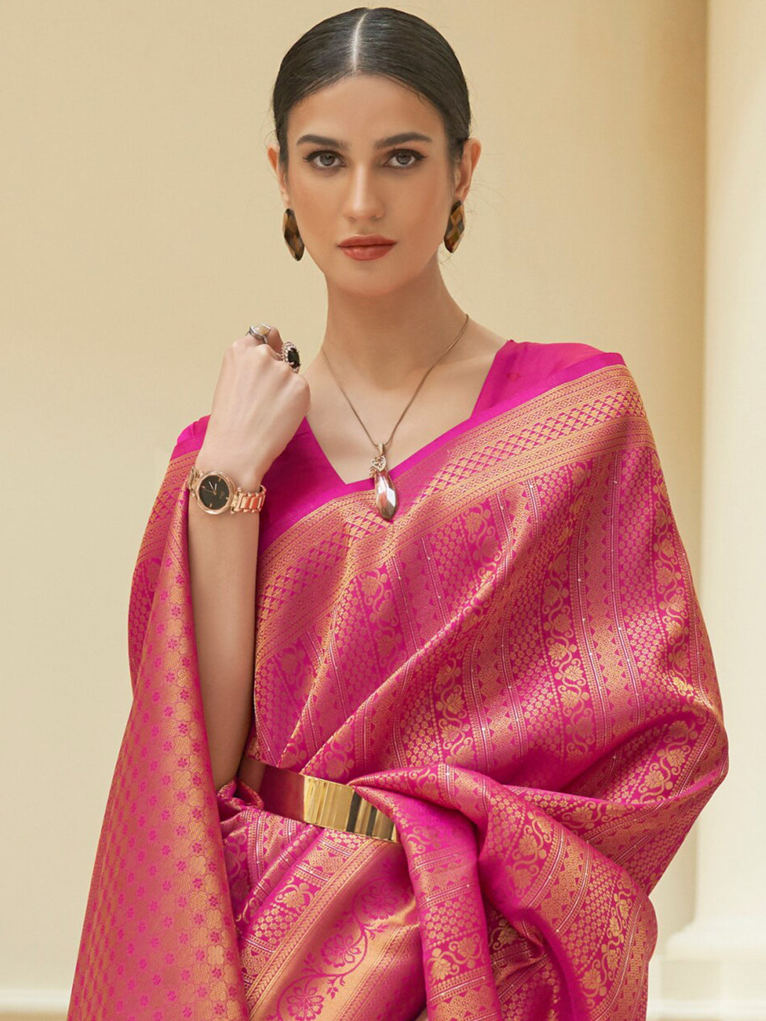 Mitera Pink & Gold-Toned Woven Design Zari Silk Blend Kanjeevaram Saree - Distacart