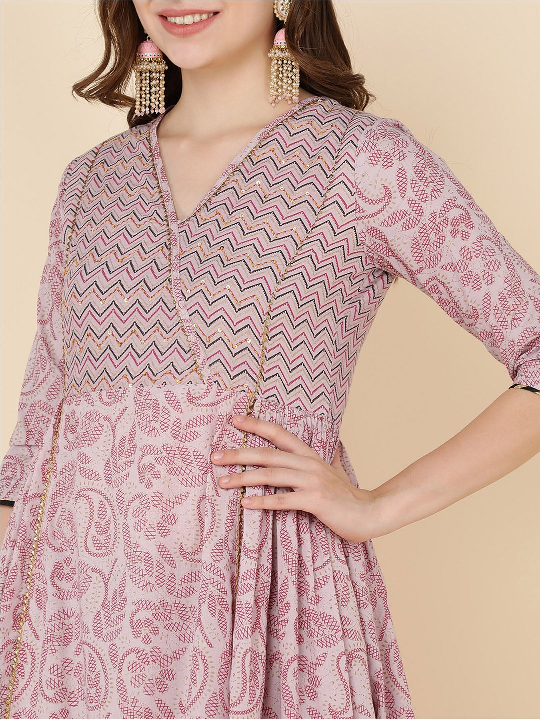 HERE&NOW Women Pink Floral Embroidered Pure Cotton Kurta with Trousers & Dupatta - Distacart