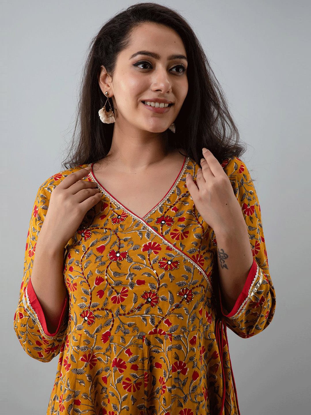 Kalini Women Mustard Yellow & Red Ethnic Motifs Printed Angrakha Anarkali Kurta - Distacart