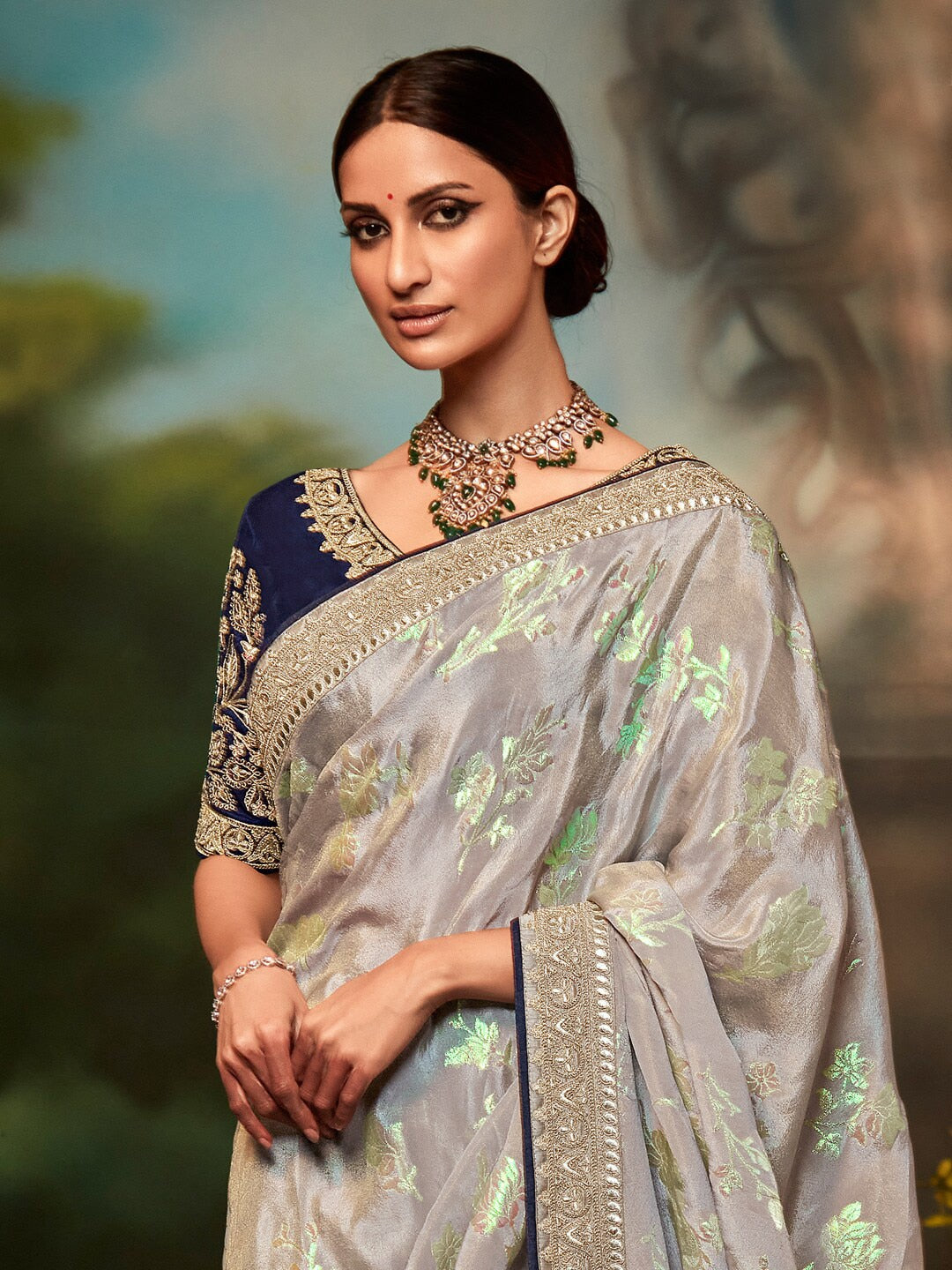 Mitera Gunmetal-Toned & Blue Floral Embroidered Silk Blend Saree - Distacart