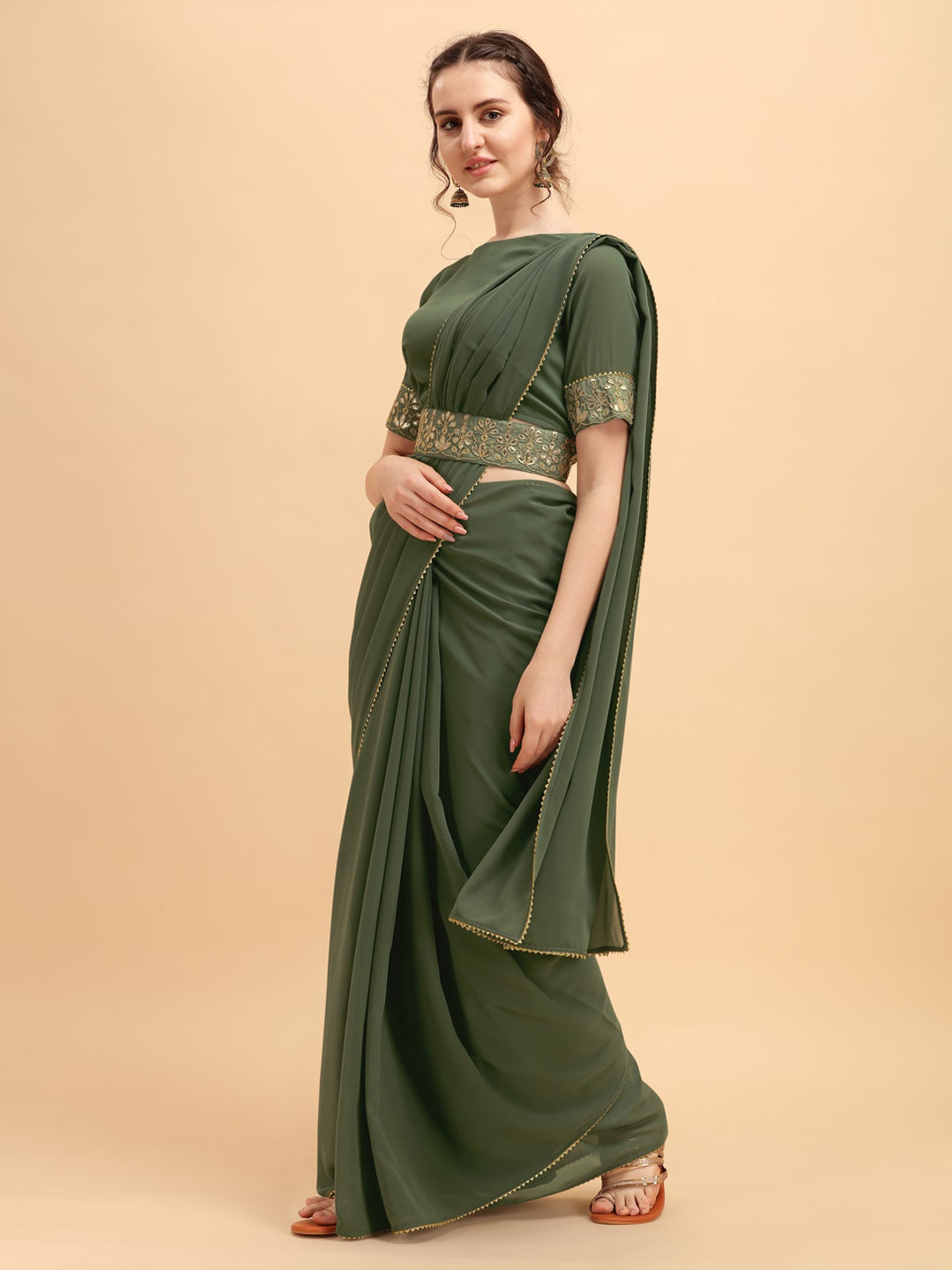 Sangria Olive & Golden Embellished Gotta Patti Saree - Distacart