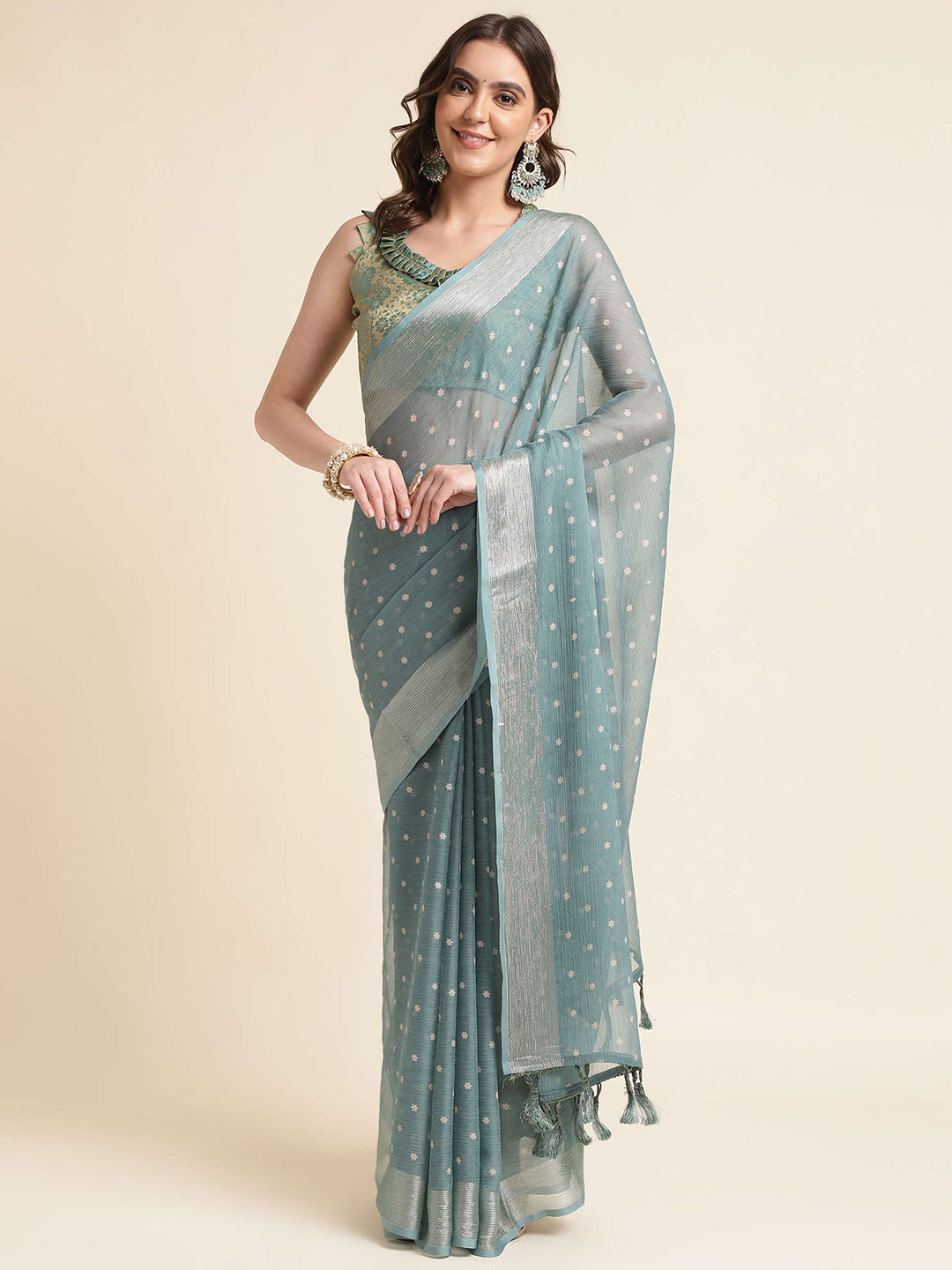 Mitera Sea Green & Gold-Toned Ethnic Motifs Woven Design Zari Pure Chiffon Saree - Distacart