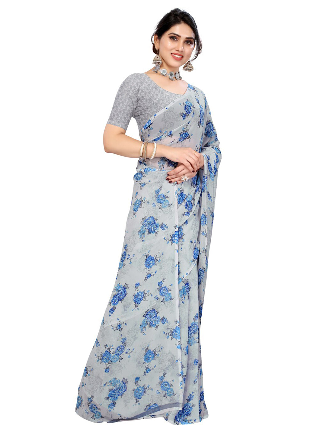 Kalini Grey & Blue Floral Pure Georgette Saree - Distacart