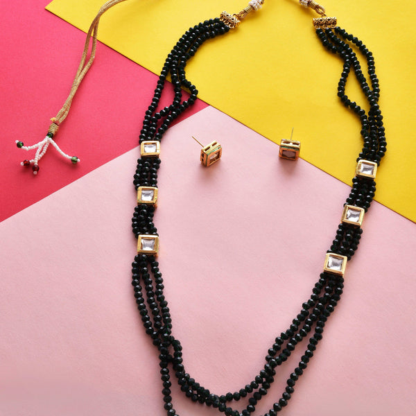 Gold-Plated Alloy Long Green Beaded Kundan Studded Classy Necklace Set - The Pari - Distacart