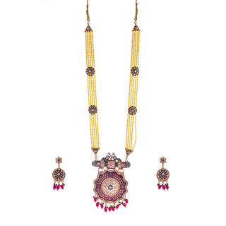 Gold-Plated Alloy Long Pearl Rani Haar Necklace With Round Thewa Pendant Set - The Pari - Distacart