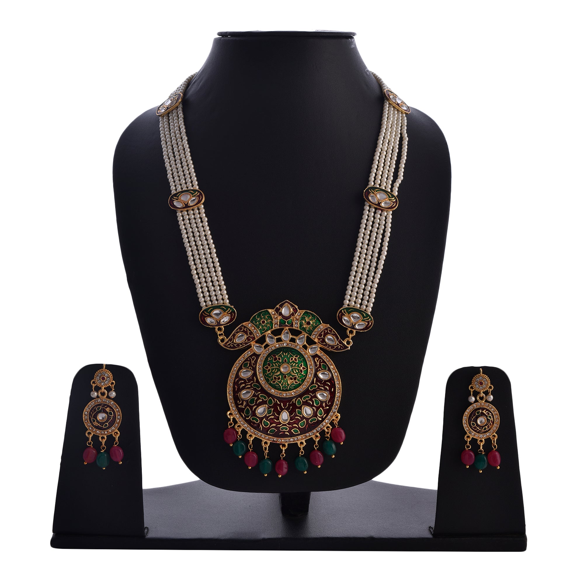 Gold-Plated Alloy Long Pearl Rani Haar Necklace With Designer Thewa Pendant Set - The Pari - Distacart