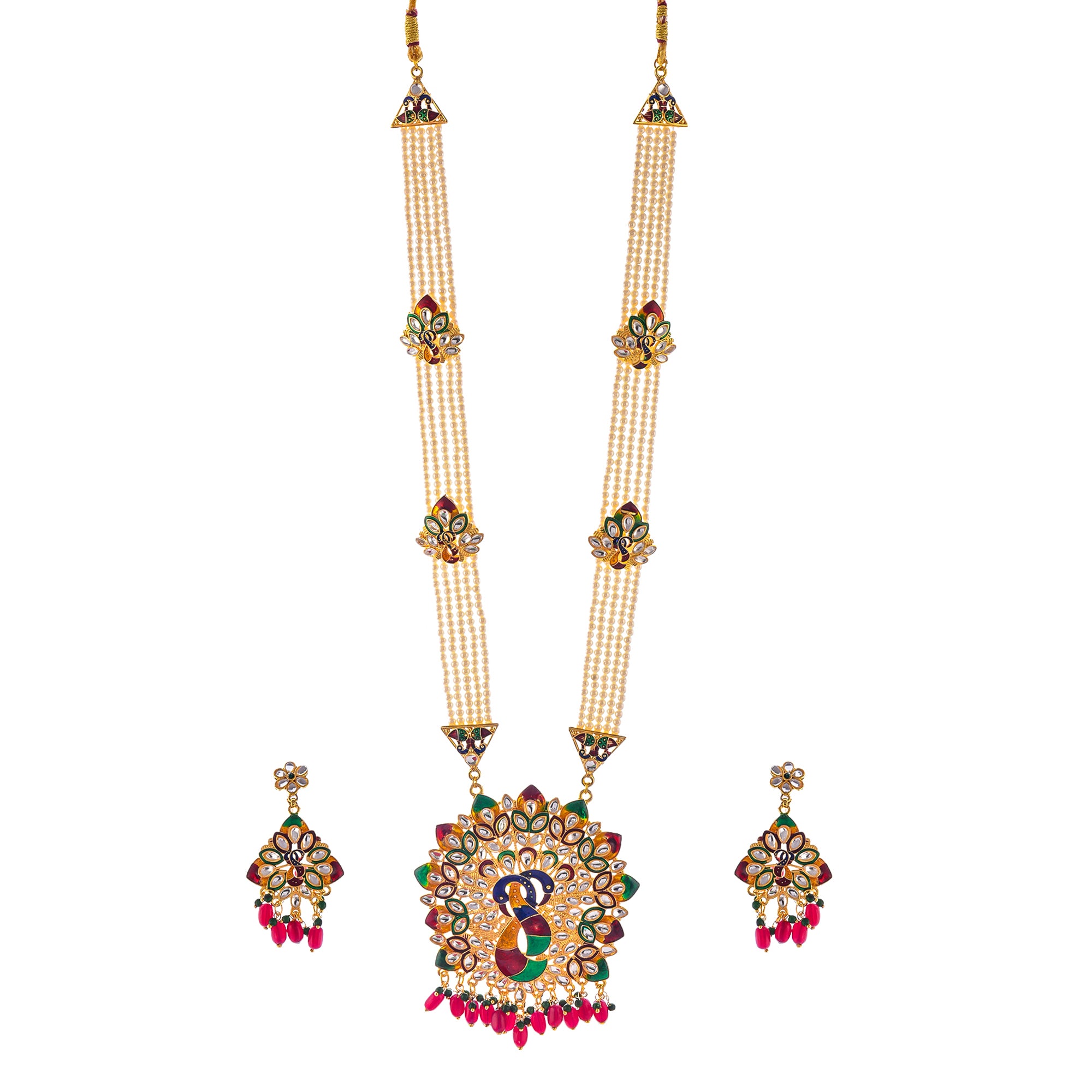 Gold-Plated Alloy Peacock Inspired Long Pearl Rani Haar Necklace With Kundan Earrings - The Pari - Distacart