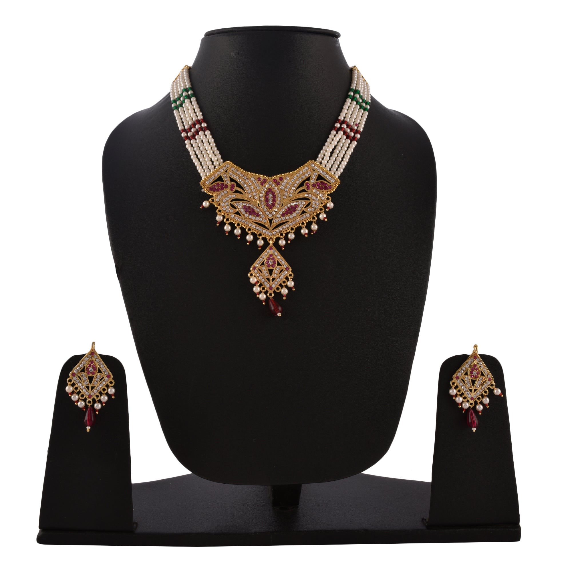 Gold-Plated Alloy Jadau Polki Studded Pearl Mala Necklace Set - The Pari - Distacart