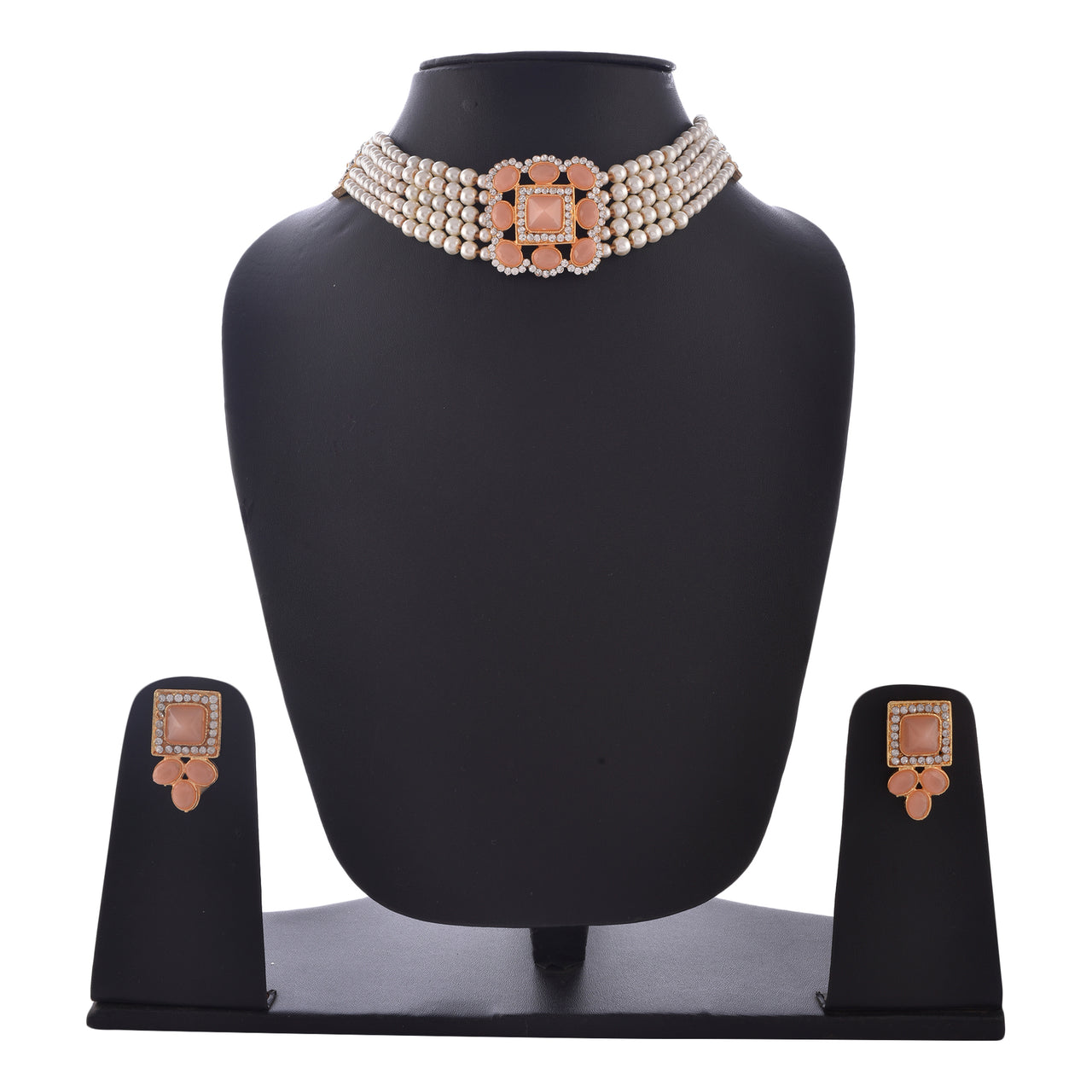 Gold-Plated Alloy Neon Square Motif Pearl Choker Necklace Set - The Pari - Distacart