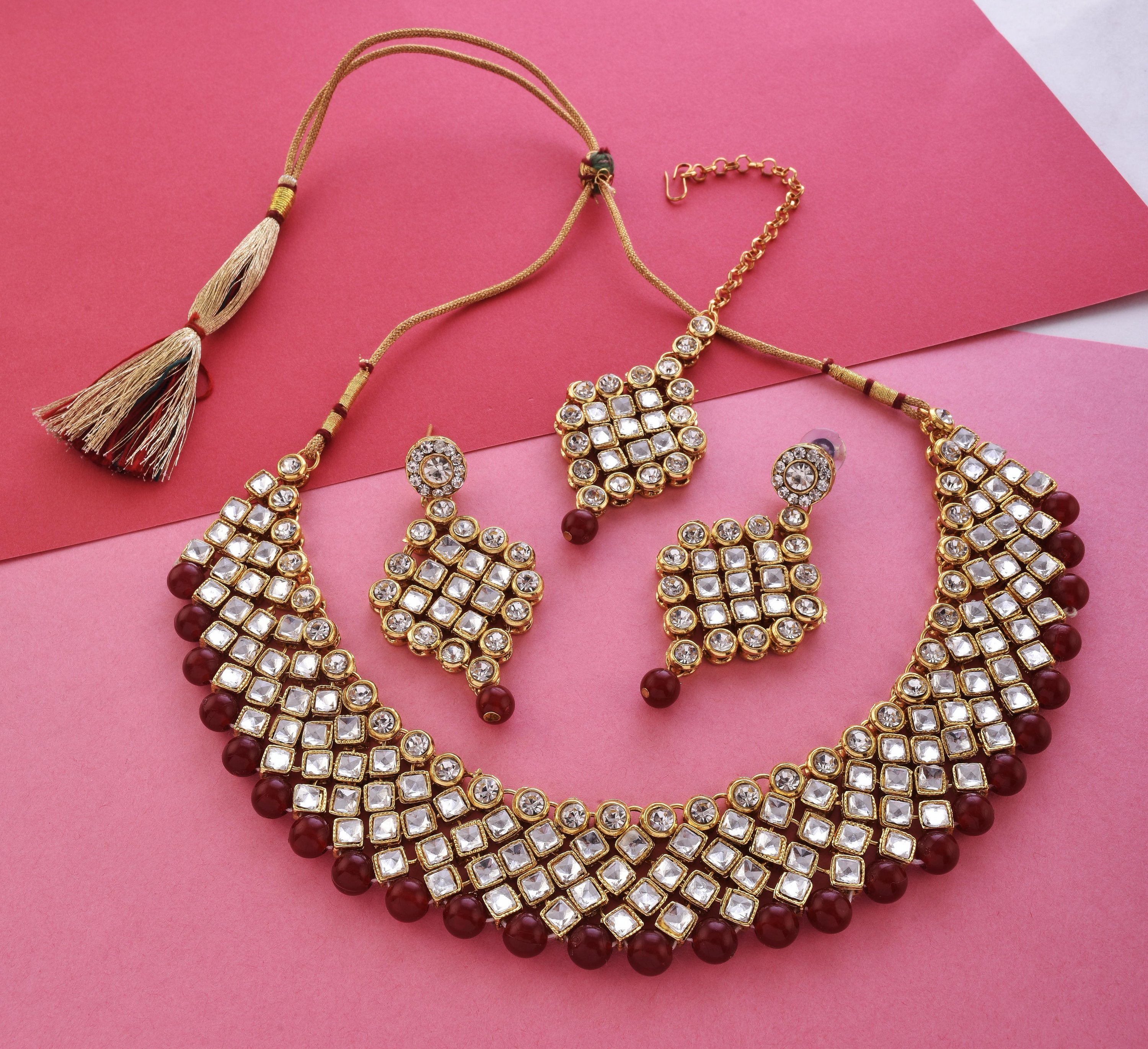 Gold-Plated Alloy Mehrron Kundan Choker Necklace Set With Maangtika - The Pari - Distacart